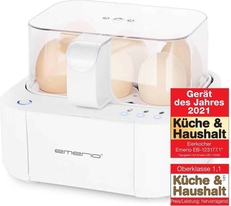Emerio Smart Eierkoker Elektrisch Voor 6 Eieren 400W Spraakmeldingen Hard zacht en medium gekookt tegelijk Inclusief Maatbeker EB-115560.14 Eierkoker Wit