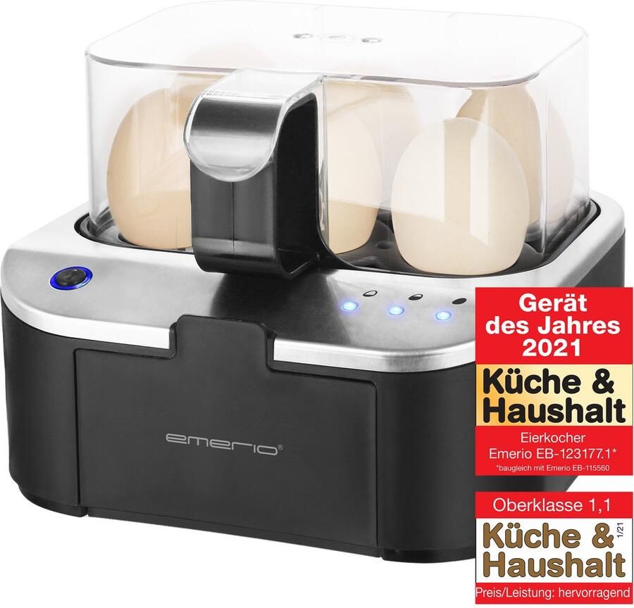 Emerio Smart Eierkoker Elektrisch Voor 6 Eieren 400W Spraakmeldingen Hard zacht en medium gekookt tegelijk Inclusief Maatbeker EB-123177.12 Eierkoker Zwart