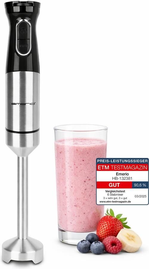 Emerio HB-132381 Staafmixer met krachtige 1000 watt pureerstaaf (afneembaar) en meseenheid van duurzaam roestvrij staal instelbare snelheid BPA-vrij turbo-knop ergonomisch