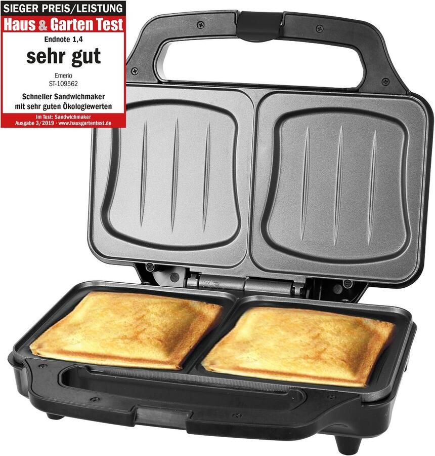 Emerio Tosti Apparaat XXL 2 Tosti's PFAS-vrije Panini Grill 900W Sandwich maker RVS Bakplaat ST-109562.17 Zwart
