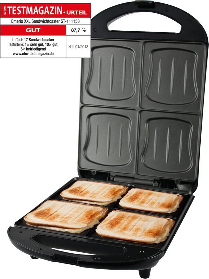 Emerio Tosti ijzer 4 tosti's tegelijk XXL schelpvormige bakplaten ILAG coating PFAS vrij Indicatie lampje Anti-slip voetjes ST-111153.4 Zwart - Foto 2