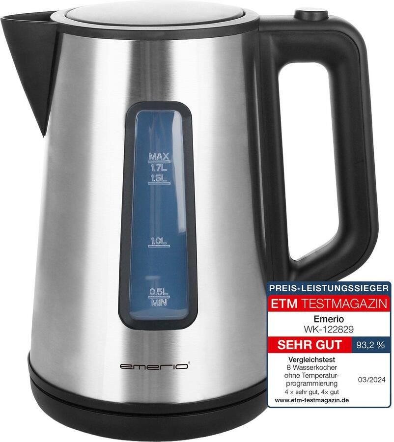 Emerio Waterkoker 2200W 1.7L Water niveau indicator Verborgen verwarmingselement Automatische uitschakeling Koele wand RVS Zwart WK-122829 - Foto 2