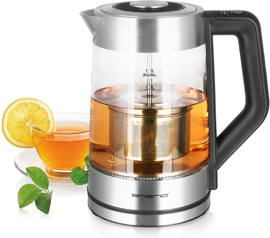 Emerio Waterkoker met Temperatuurregeling 1.7 Liter LED Verlichting Oververhittingsbeveiliging en Automatische Uitschakeling Water niveau indicator Elektrische Waterkoker 2200W WK-122730 Glas RVS