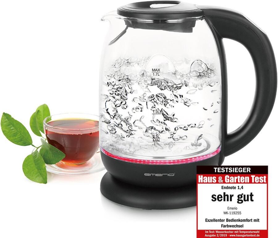 Emerio Waterkoker met Temperatuurregeling 1.7 Liter LED Verlichting Oververhittingsbeveiliging en Automatische Uitschakeling Water niveau indicator Elektrische Waterkoker 2200W WK-119255.5 Zwart Glas