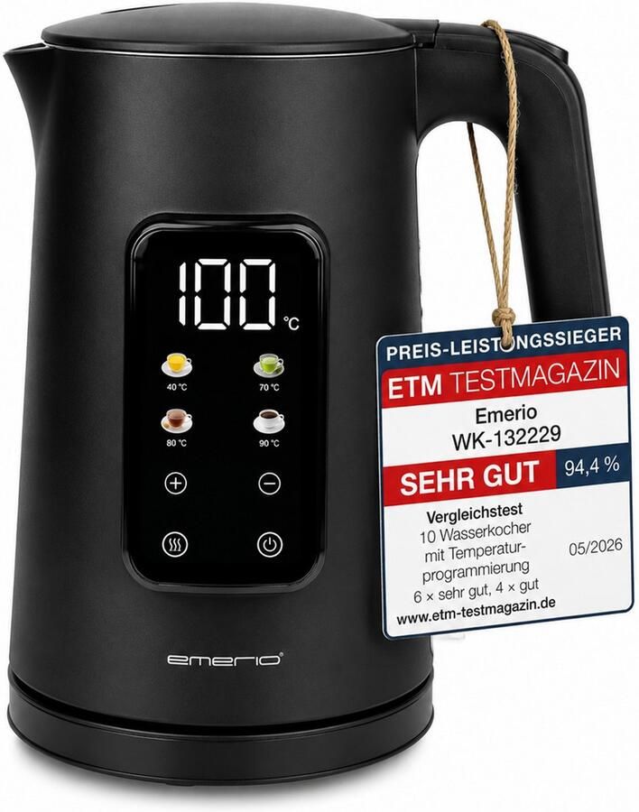 Emerio Waterkoker met Temperatuurregeling 1.7 Liter Touch Control en 360° draaibaar 40°C voor babyvoeding Warmhoudfunctie Elektrische Waterkoker 2200W WK-132229 Zwart