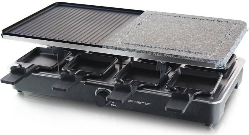 Emerio Gourmet-Steengrill Raclettegrill 1400W 8 Personen Indicatielampje Regelbare thermostaat Half Steengrill Half Grillplaat Incl. 8 Houten Spatels + Pannetjes RG-110035 Zwart