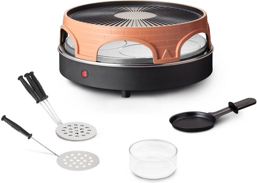 Emerio Pizzarette 3-in-1 Origineel Zwitserse Raclette en Grill 6 Persoons Pizza Oven Handgemaakte Terracotta Koepel 6 Geïsoleerde Bakspatels RVS Bakplaat Gourmetstel met Cool touch PO-113255.4 1500W - Foto 2