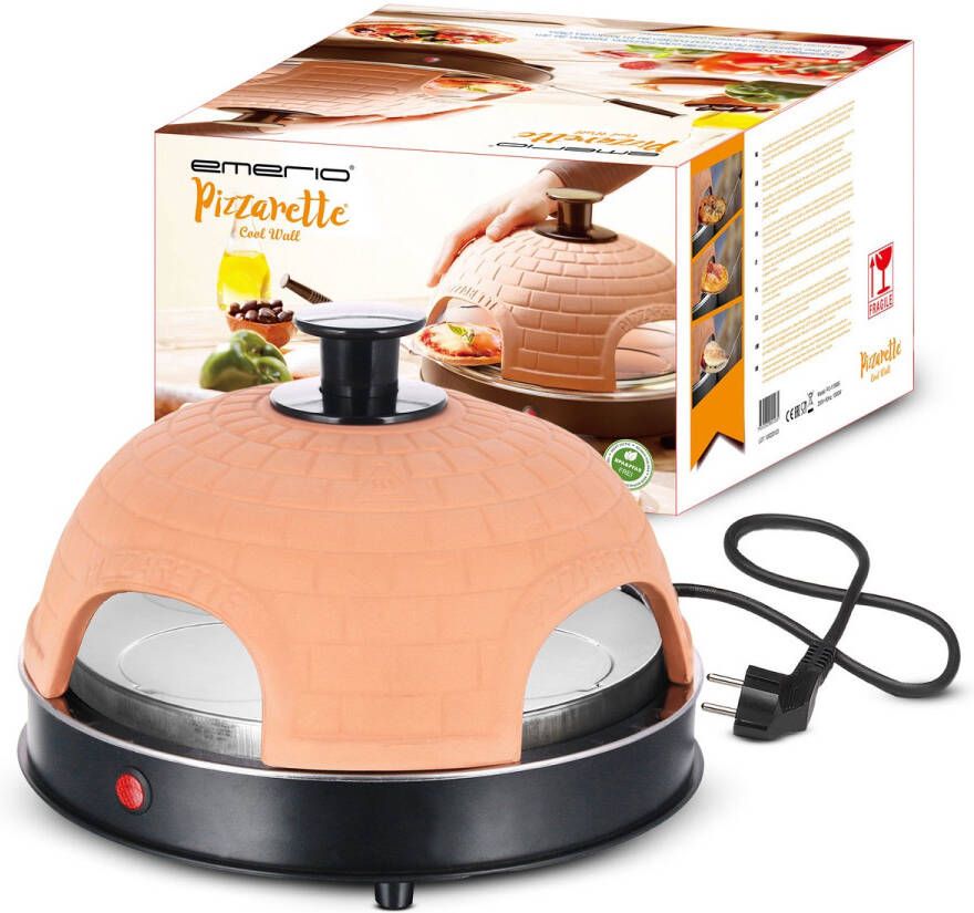 Emerio Pizzarette Origineel 4 Persoons Pizza Oven Handgemaakte Terracotta Koepel 4 Geïsoleerde Bakspatels RVS Bakplaat Gourmetstel met Cool touch koepel PO-115985 900W