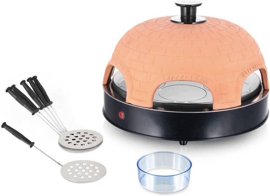 Emerio Pizzarette Origineel 6 Persoons Pizza Oven Handgemaakte Terracotta Koepel 6 Geïsoleerde Bakspatels RVS Bakplaat Gourmetstel met Cool touch koepel PO-115984 1200W - Foto 2