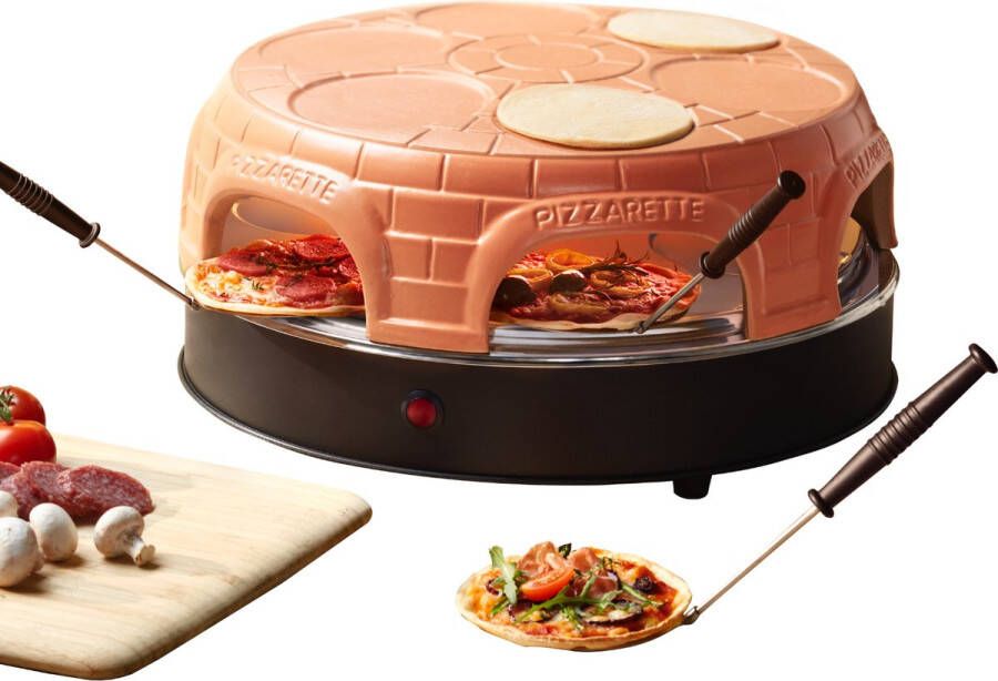 Emerio Pizzarette Origineel 6 Persoons Pizza Oven Handgemaakte Terracotta Koepel 6 Geïsoleerde Bakspatels RVS Bakplaat Gourmetstel met Cool touch PO-115848.1 1500W