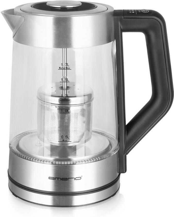 Emerio Waterkoker met Temperatuurregeling 1.7 Liter LED Verlichting Oververhittingsbeveiliging en Automatische Uitschakeling Water niveau indicator Elektrische Waterkoker 2200W WK-122730 Glas RVS