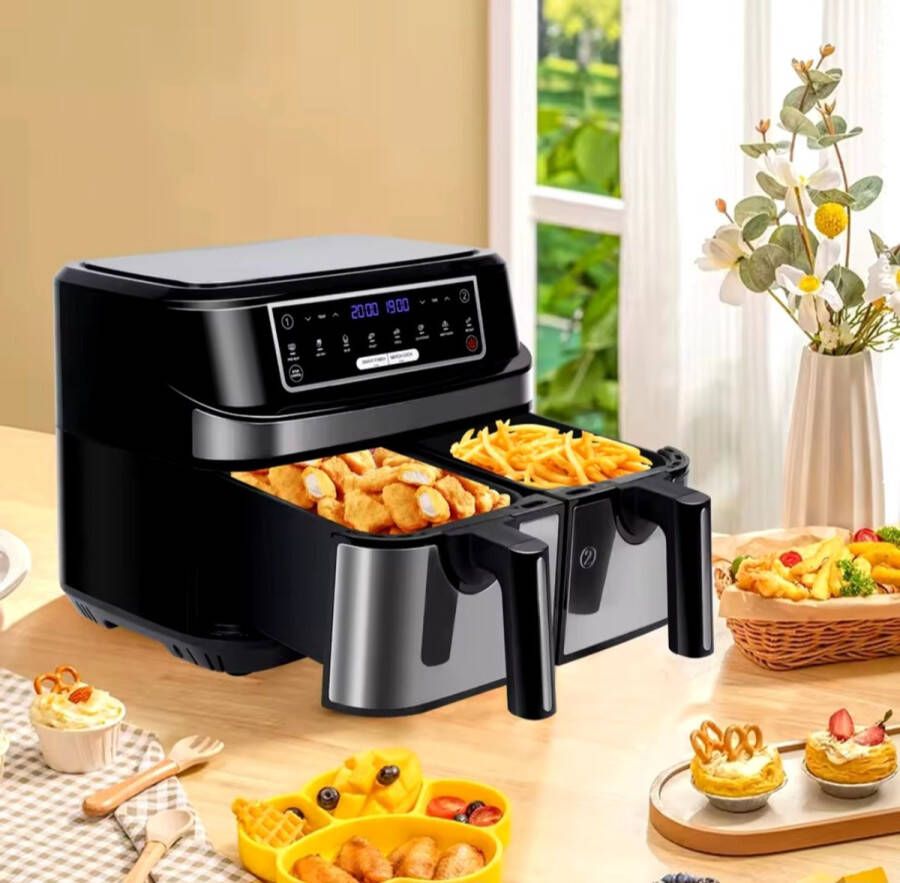 ‎Emphsism 8 in 1 Dubbele Airfryer 9 Liter Dubbele Mand Deluxe Duo Airfryer XXL Dubbele Airfryer XXXL Heteluchtoven Airfryer Oven Heteluchtfriteuse LED Touchscreen