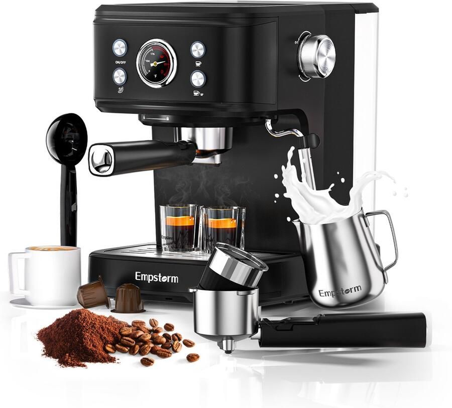 Empstorm EM‑04E Espressomachine 20Bar 2-in-1 Capsule & Gemalen Koffie PID Temperatuurregeling 1 5L Watertank RVS Filter- Warmhoudplateau Thuis Kantoor Koffieapparaat Zwart