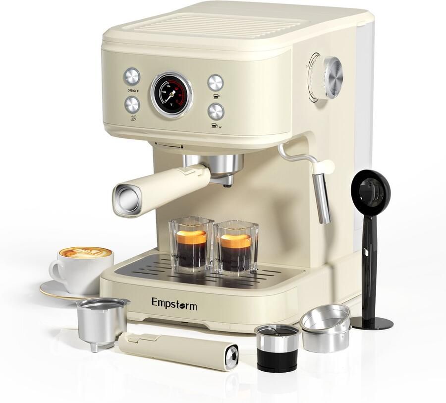 Empstorm Semi‑automatische espressomachine 20Bar Druk PID Temperatuurregeling Geschikt voor gemalen koffie & capsules 1 5L Watertank -wit