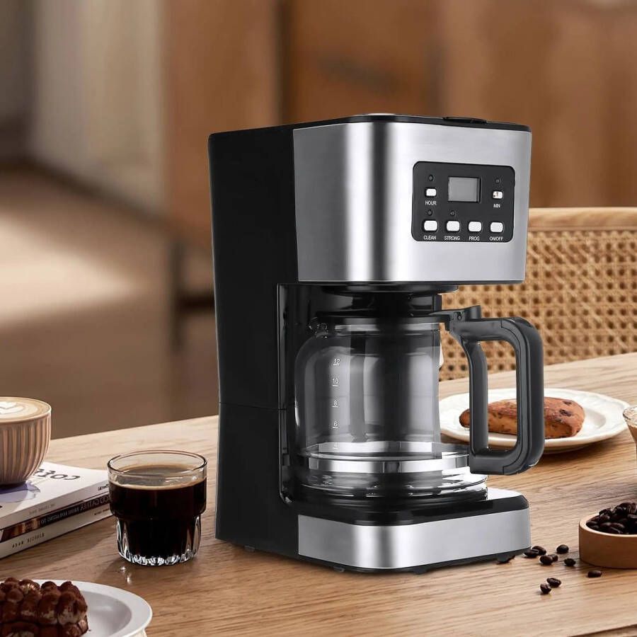 Enkilight Koffiezetapparaat- Koffiezetapparaat filterkoffie- Filterkoffie- 12 kopjes- Zwart- Met touch display- Met glazen kan- Zilver\Zwart- RVS- Timer- Permanente koffiefilter- 950 W