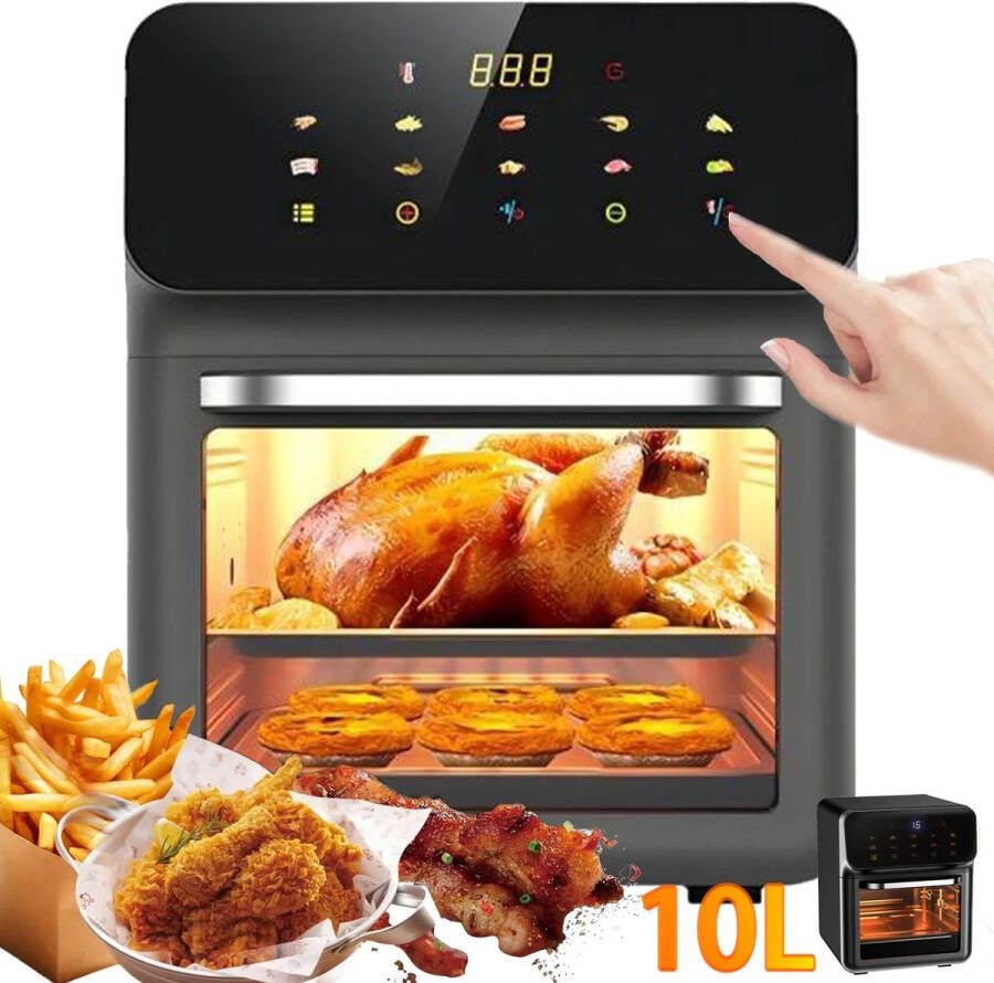 Enklilight Enkilight- Airfryer- Airfryer oven- Heteluchtoven- Heteluchtoven vrijstaand- Hetelucht oven airfryer- Hetelucht friteuse- 1350 W- 240 V- 10 L- 10 programma's- Led display- In hoogte verstelbaar-Verstelbare grillrack-Zwart-Kijkvenster- Digitale timer