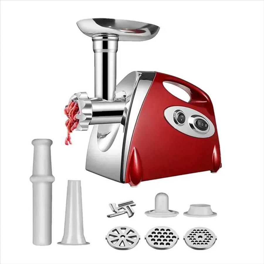 Equal to None Elektrische Vleesmolen Worstenmaker 2800W MAX 3-in-1 Gehaktmolen met 3 RVS Maalschijven Worsten & Kubbe-Opzetstuk Omkeerfunctie Tot 1 5 kg min Rood