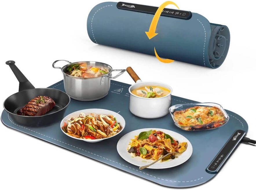 Equal to None Warmhoudlade voedselverwarmingsmat Warmhoudmat 3 standen Waterdicht siliconen Oprolbare en draagbare voedselverwarmer -Gemakkelijk schoon 50 8 x 34 3 cm Blauw