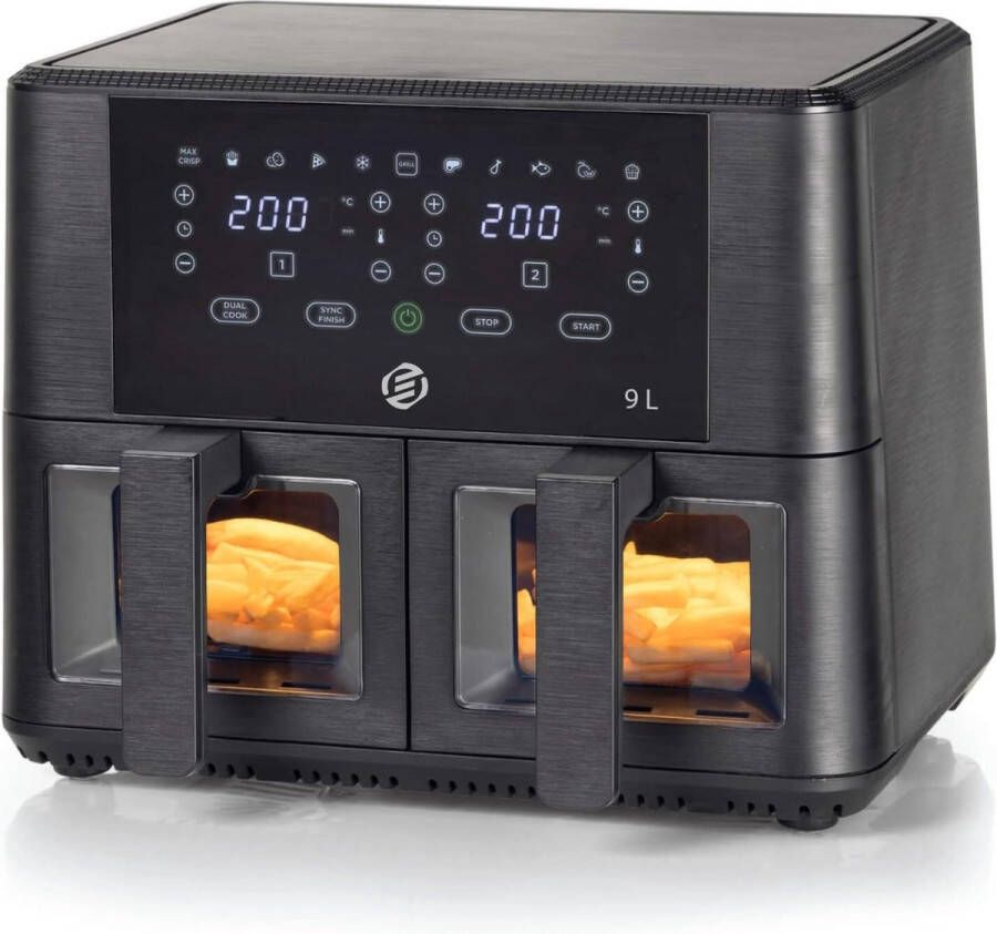 Equivera Dubbele Airfryer Dubbele Mand Dual Cook Heteluchtfriteuse Verschillende Programma's Dual Zone Mega