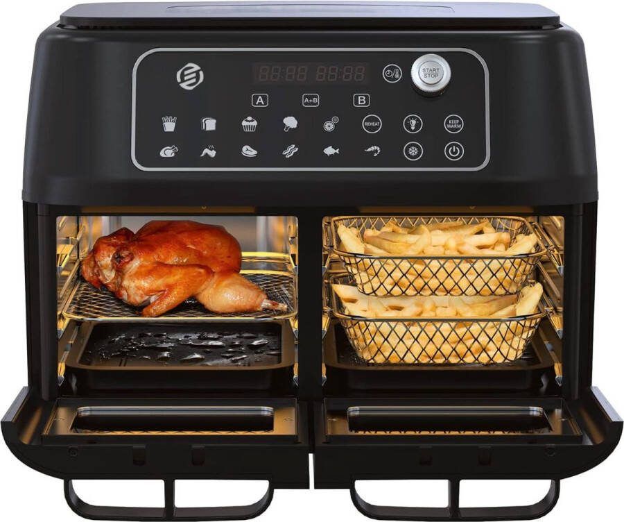 Equivera Dubbele Airfryer Dubbele Mand Dual Cook Heteluchtfriteuse Verschillende Programma's Dual Zone Mega