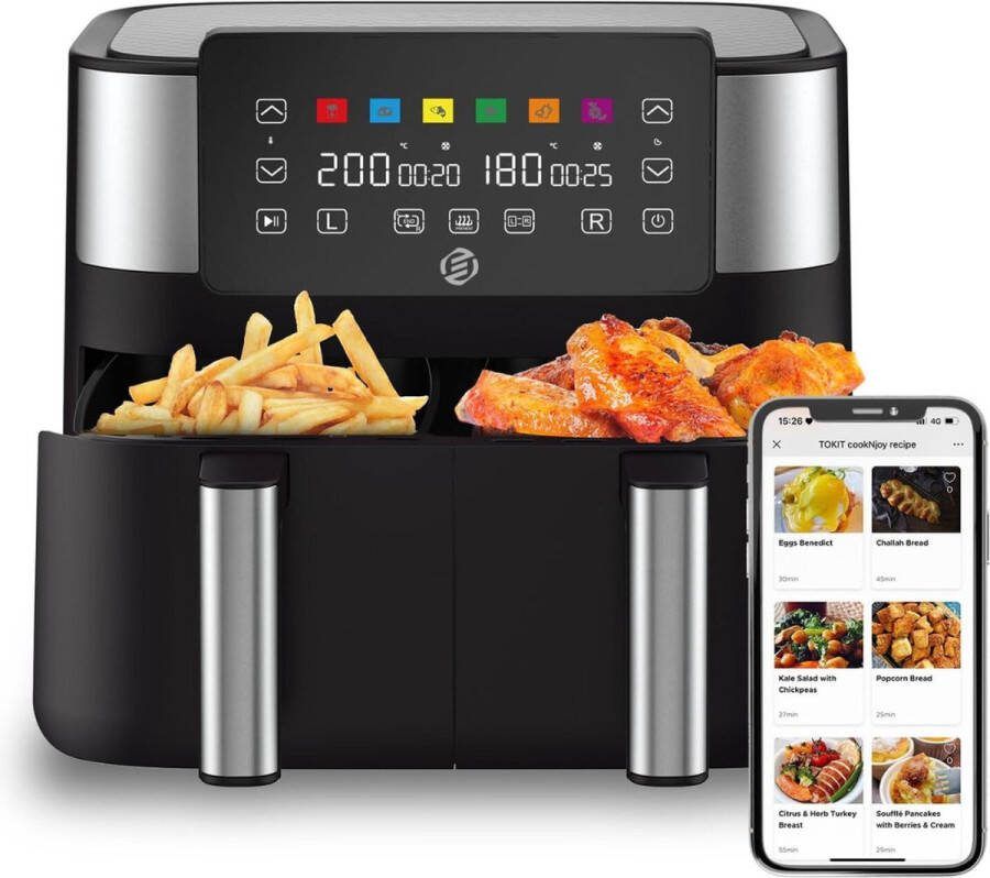 Equivera Dubbele Airfryer Dubbele Mand Dual Cook Heteluchtfriteuse Verschillende Programma's Dual Zone Mega
