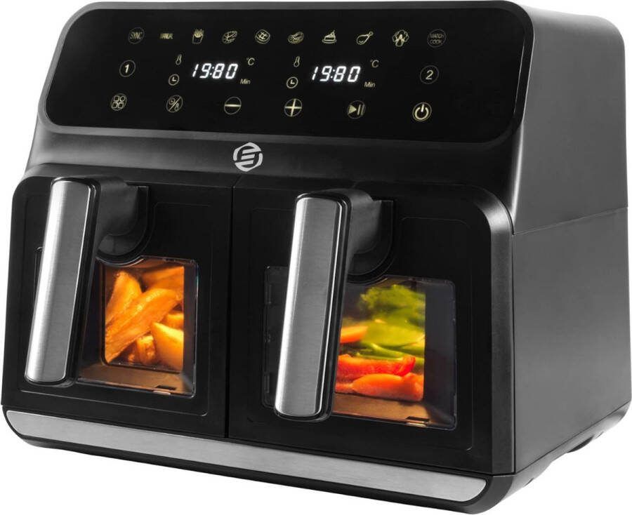 Equivera Dubbele Airfryer Dubbele Mand Dual Cook Heteluchtfriteuse Verschillende Programma's Dual Zone Mega