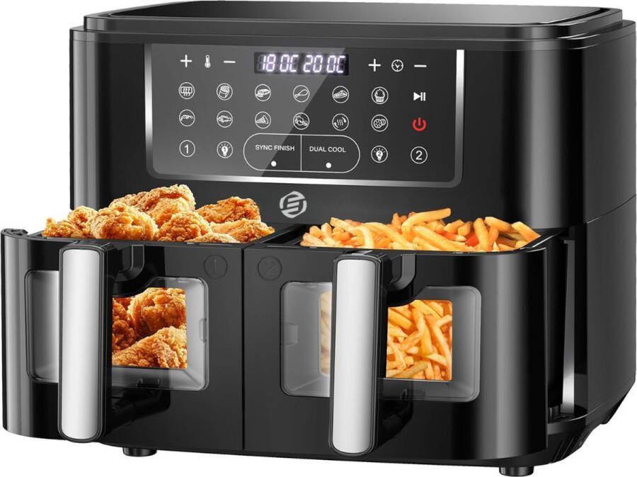 Equivera Dubbele Airfryer Dubbele Mand Dual Cook Heteluchtfriteuse Verschillende Programma's Dual Zone Mega