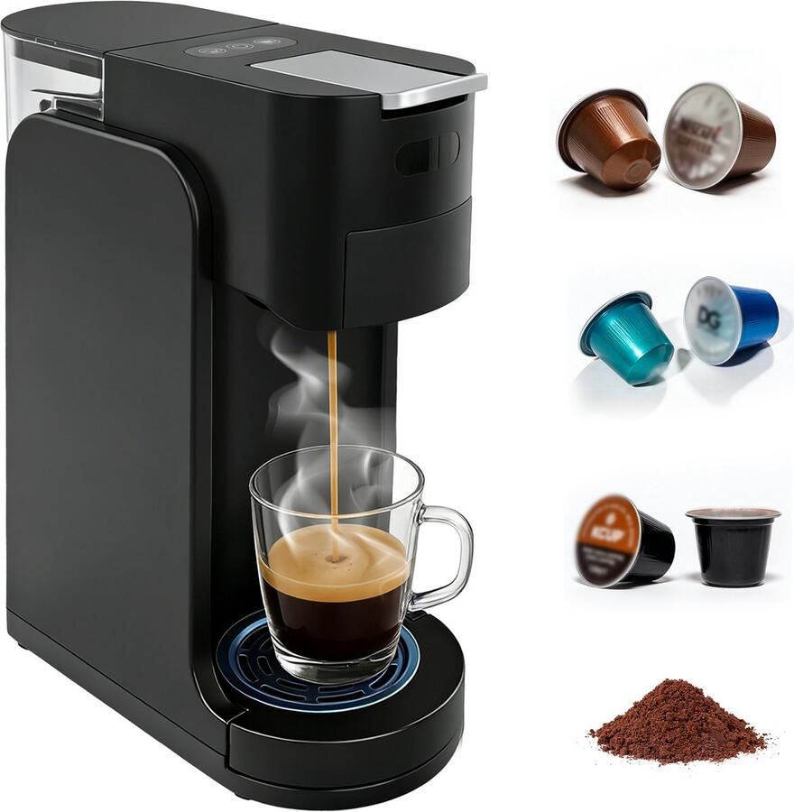 Ericbee 4-in-1 Koffiemachine 27x11x32 cm 20 Bar 1450W Multi Kapsels & Gemalen Koffie Zwart