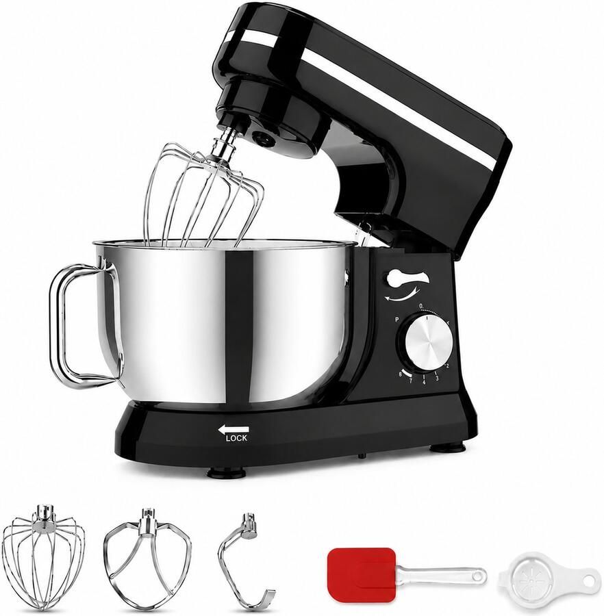 Ericbee Keukenmachine 1900W 7L RVS Mengkom Zwart 8 Snelheden met Pulsfunctie Kneedmachine met Deeghaak Menghaak Garde en Spatdeksel