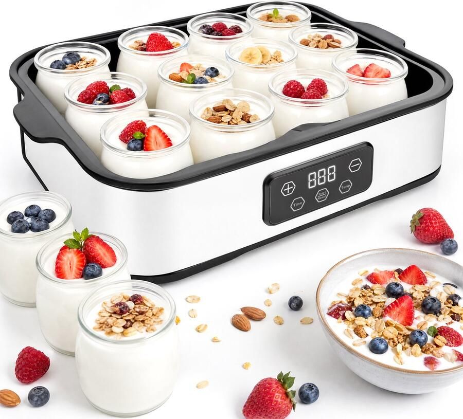 Ericbee Yoghurtmaker 25W 12x180 ml Glazen Potjes 2 16L Timer Instelbare Temperatuur Zilver
