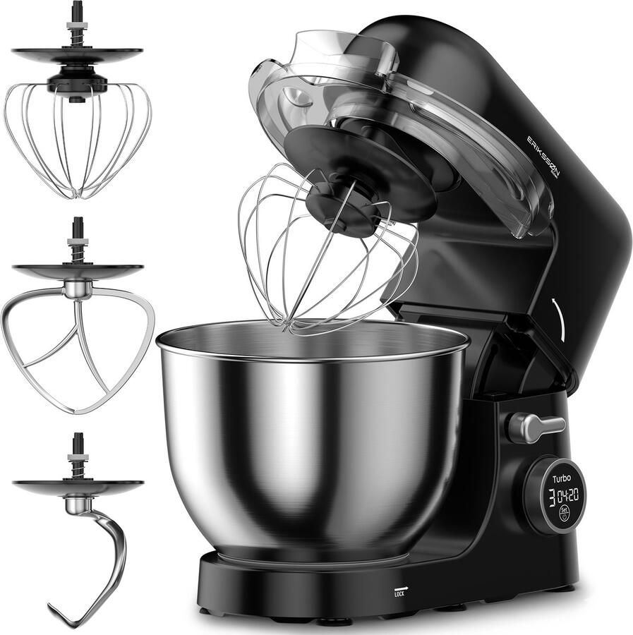 Erikssøn Kitchen Keukenmachine 8 Snelheidsstanden Met Timer 5L Mixer met Mengkom 1400W Keukenrobot Keukenmixer Foodprocessor Zwart
