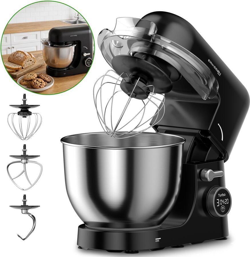 Erikssøn Kitchen Keukenmachine 8 Snelheidsstanden Met Timer 5L Mixer met Mengkom 1400W Keukenrobot Keukenmixer Foodprocessor Zwart - Foto 2