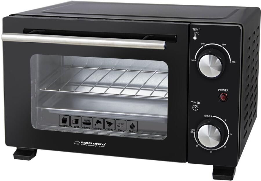 Esperanza CALZONE Mini Oven – 10 Liter – 800W – Compacte Elektrische Oven met Timer – Inclusief Bakplaat & Grillrooster – Zwart