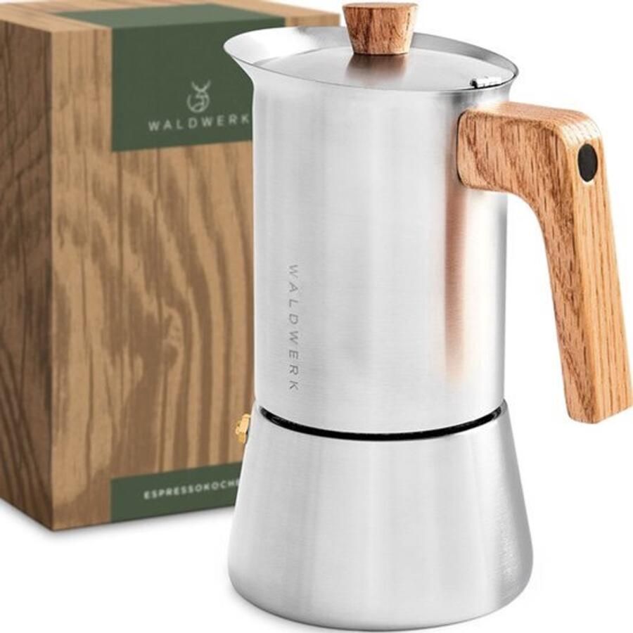 Espressokoker (300 ml) Espressokoker Inductie voor Alle Soorten Fornuizen Geschikt Coffee Maker Mokkakan van Roestvrij Staal met Houten Handgreep van Echt Eikenhout