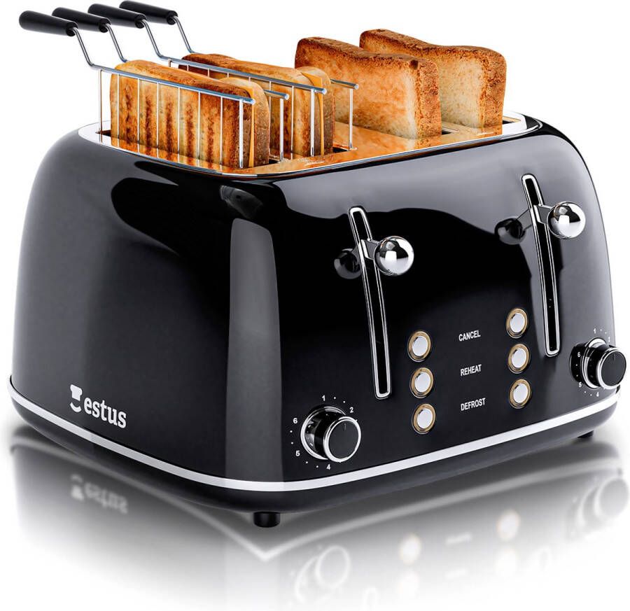 Estus Iconic Broodrooster met Tostiklemmen Broodrooster 4 sneden Broodrooster Retro Extra brede sleuven Volledig RVS