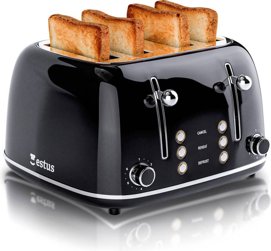 Estus Iconic Broodrooster Zwart Broodrooster 4 sneden Broodrooster Retro Extra brede sleuven Volledig RVS