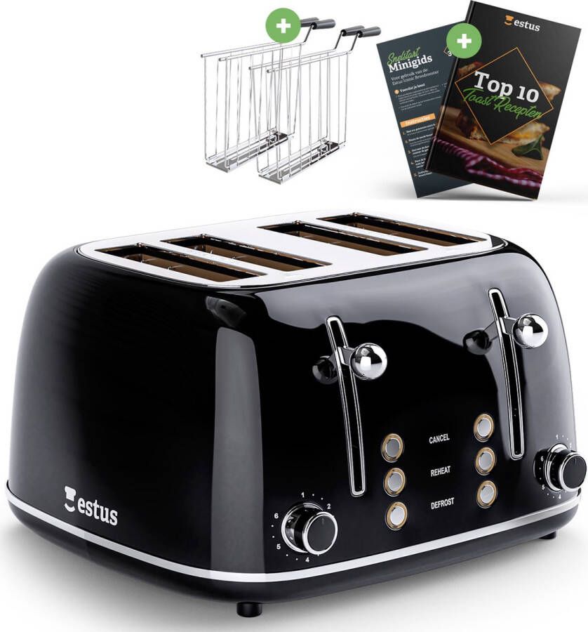 Estus Iconic Broodrooster met Tostiklemmen Broodrooster 4 sneden Broodrooster Retro Extra brede sleuven Volledig RVS - Foto 2