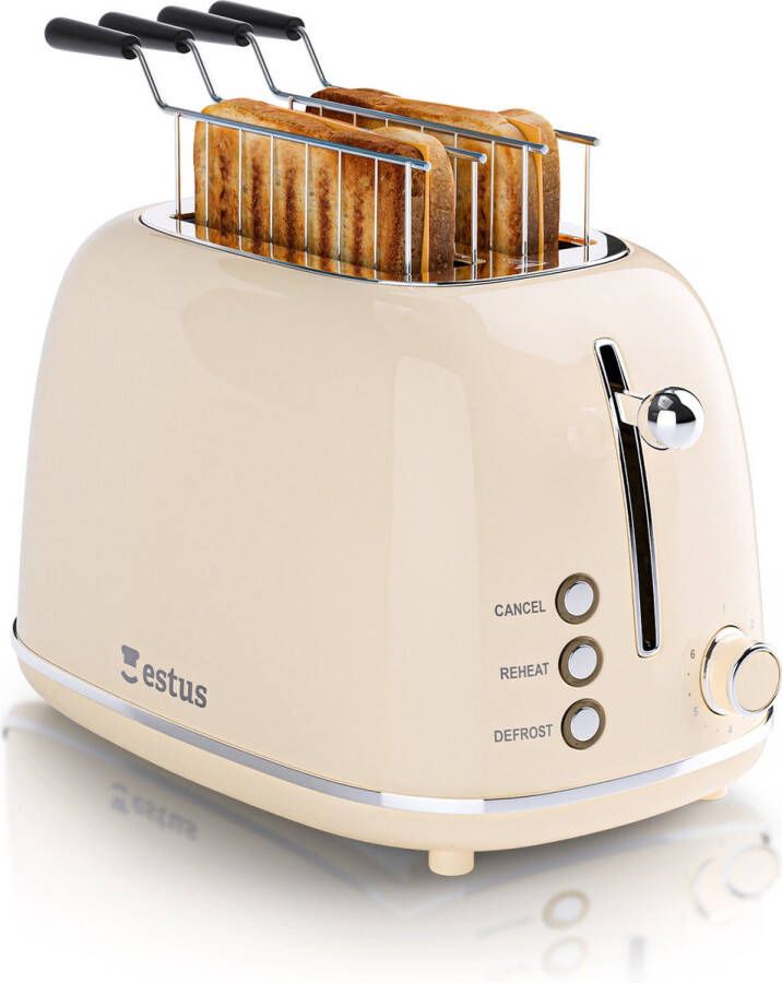 Estus Iconic Broodrooster met Tostiklemmen Tosti Apparaat Retro Toaster Extra Brede Sleuven Alle Broodsoorten Premium Beige