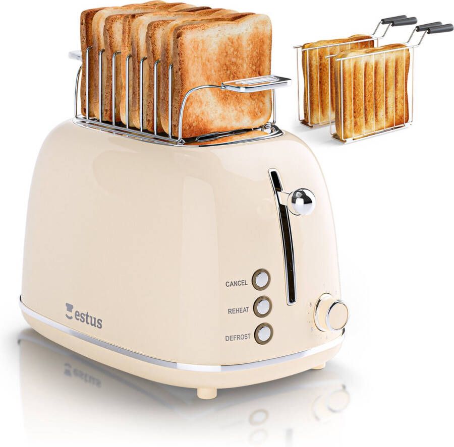 Estus Iconic Broodrooster met Tostiklemmen en Opwarmrek Retro Toaster Extra Brede Sleuven Alle Broodsoorten Premium Beige