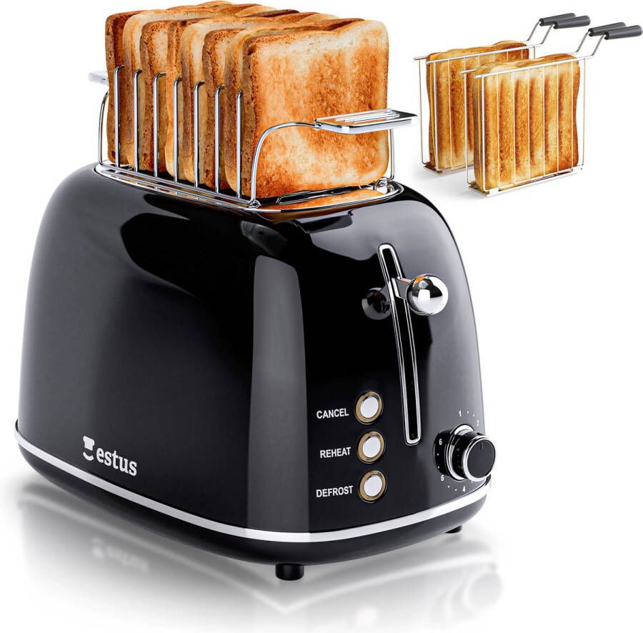 Estus Iconic Broodrooster met Tostiklemmen Retro Toaster Zwart Deluxe