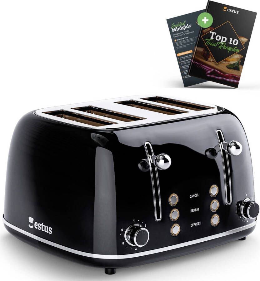 Estus Iconic Broodrooster Zwart Broodrooster 4 sneden Broodrooster Retro Extra brede sleuven Volledig RVS - Foto 2