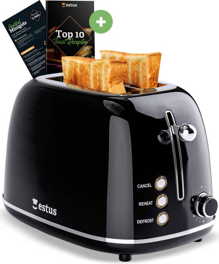 Estus Iconic Broodrooster Zwart Broodrooster met Tostiklemmen Broodrooster Retro Extra brede sleuven Volledig RVS - Foto 2