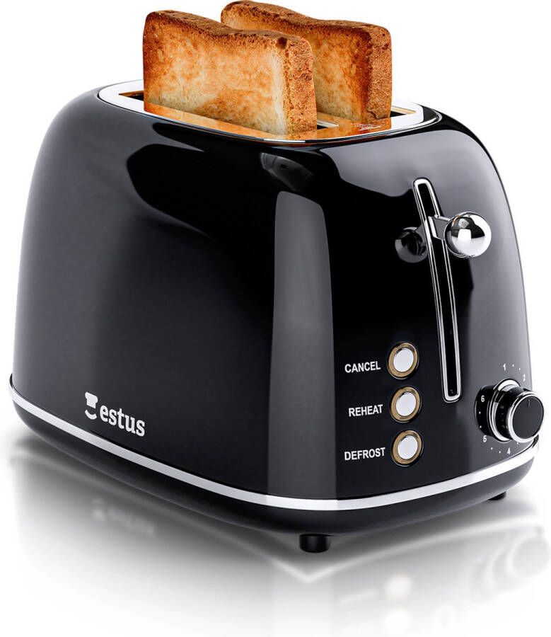 Estus Iconic Broodrooster Zwart Broodrooster met Tostiklemmen Broodrooster Retro Extra brede sleuven Volledig RVS