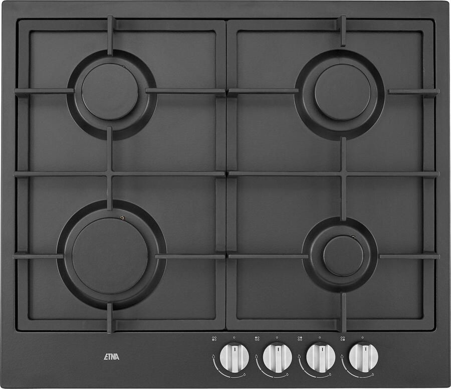 ETNA KG859ZTA Gaskookplaat 59 cm 4 branders Zwart Gietijzeren pandragers Inbouw Vlambeveiliging Vonkontstekin