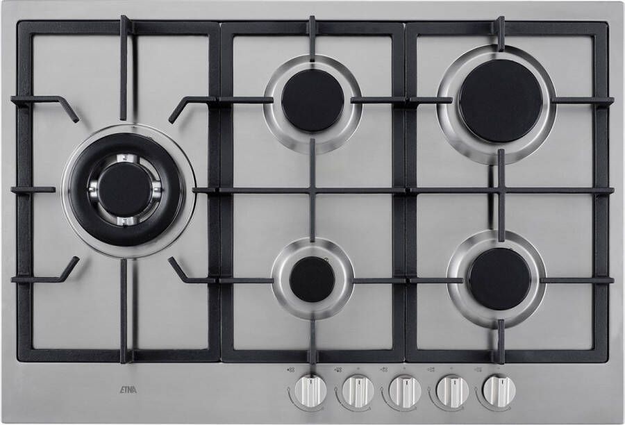 ETNA KG875RVSA Gaskookplaat 5 pits met wokbrander 75 cm RVS