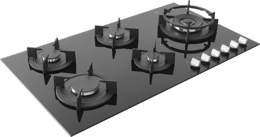 ETNA KGGF890ZTA Inbouw gas-op-glaskookplaat 90 cm 5 pits inclusief wok Zwart glas