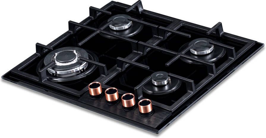 Everglades EVBI8650 Inbouw Gaskookplaat 60CM Gas op Glas Wok Brander Gietijzeren Pannendragers Inc. 2 setjes Knoppen Koper + RVS Geïntegreerde Vonkontsteking Vlambeveiliging 5 Jaar Garantie