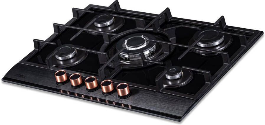 Everglades EVBI8750 Inbouw Gaskookplaat 70CM Gas op Glas Wokbrander Gietijzeren Pannendragers Incl. 2 setjes Knoppen Koper + RVS Geïntegreerde Vonkontsteking Vlambeveiliging 5 Jaar Garantie