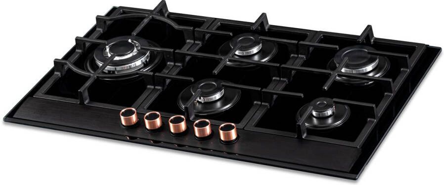 Everglades EVBI8950 Inbouw Gaskookplaat 90CM Gas op Glas Wok Brander Gietijzeren Pannendragers Incl. 2 setjes Knoppen Koper + RVS Geïntegreerde Vonkontsteking Vlambeveiliging 5 Jaar Garantie