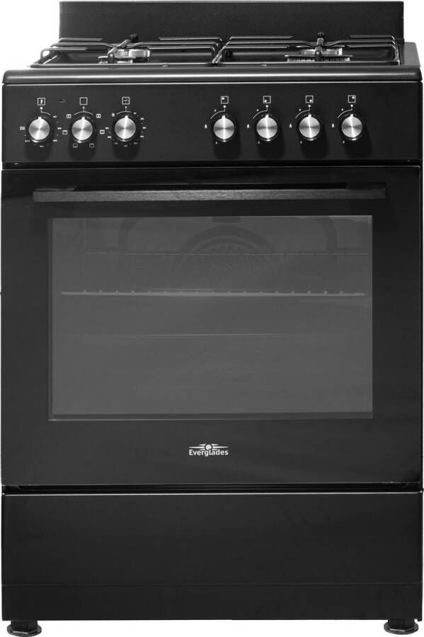 Everglades EVCK6012 Gasfornuis Mat Zwart 60CM 56 Liter Hete Lucht Oven 8 Ovenstanden 5 Jaar Garantie
